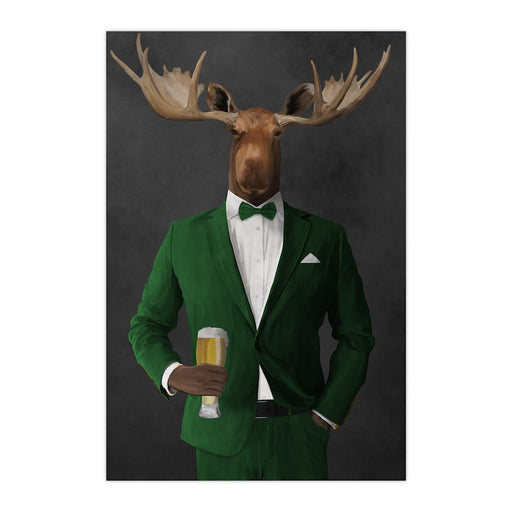Moose drinking beer wearing green suit large wall art print