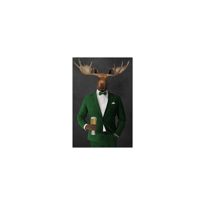 Moose drinking beer wearing green suit small wall art print