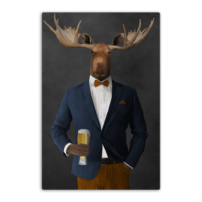 Moose drinking beer wearing navy and orange suit canvas wall art