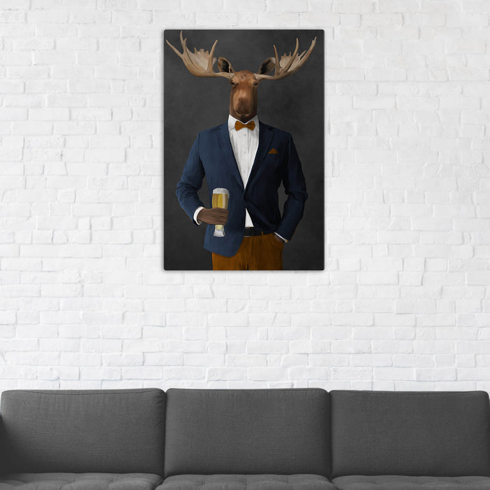Moose Drinking Beer Wall Art - Navy and Orange Suit