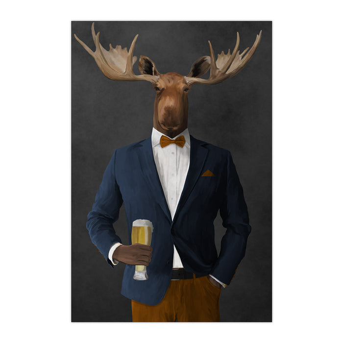 Moose drinking beer wearing navy and orange suit large wall art print