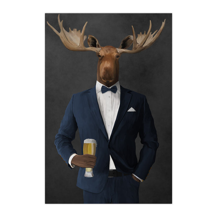 Moose drinking beer wearing navy suit large wall art print
