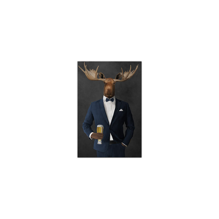 Moose drinking beer wearing navy suit small wall art print