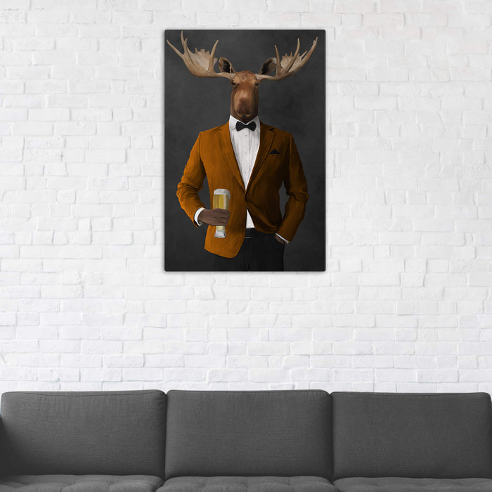 Moose Drinking Beer Wall Art - Orange and Black Suit