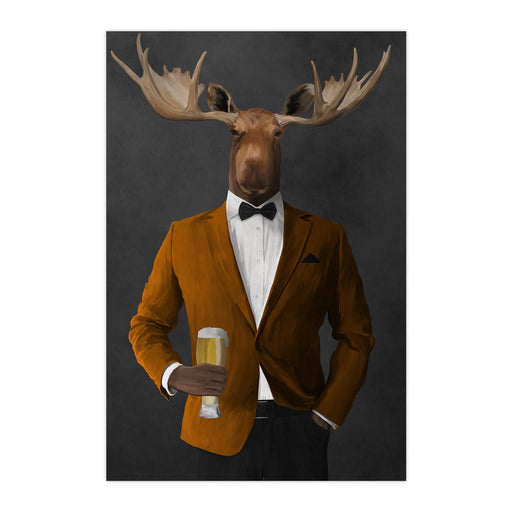 Moose drinking beer wearing orange and black suit large wall art print