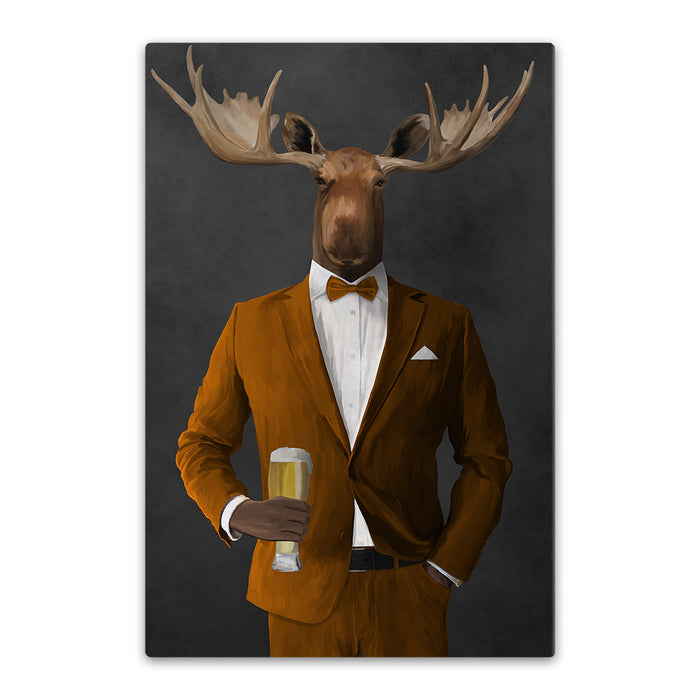 Moose drinking beer wearing orange suit canvas wall art