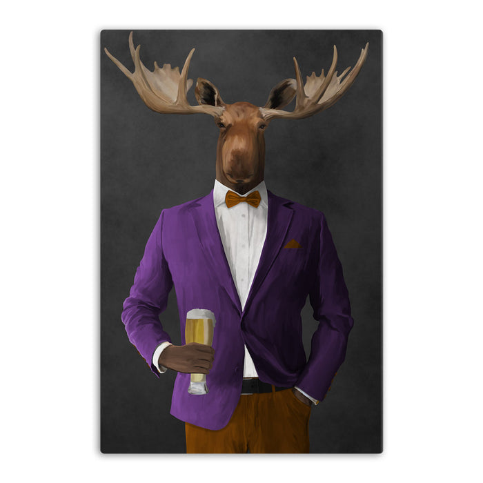 Moose drinking beer wearing purple and orange suit canvas wall art