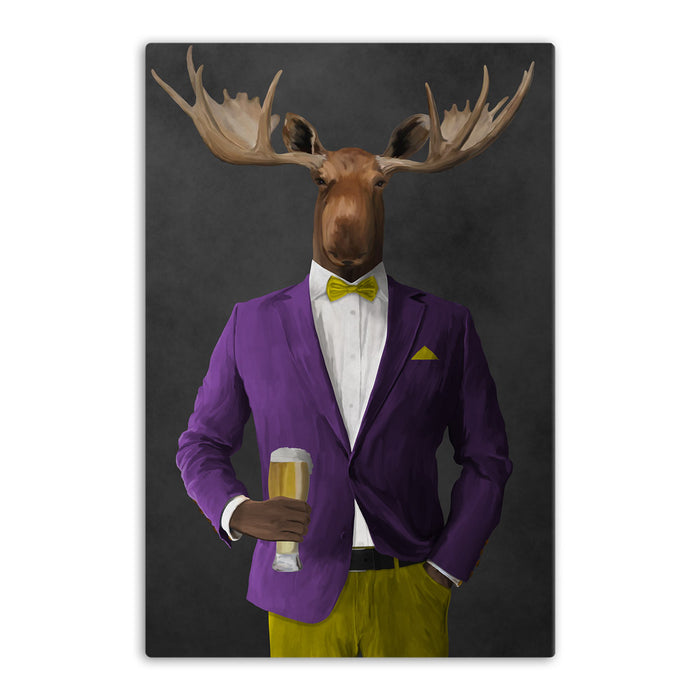 Moose drinking beer wearing purple and yellow suit canvas wall art