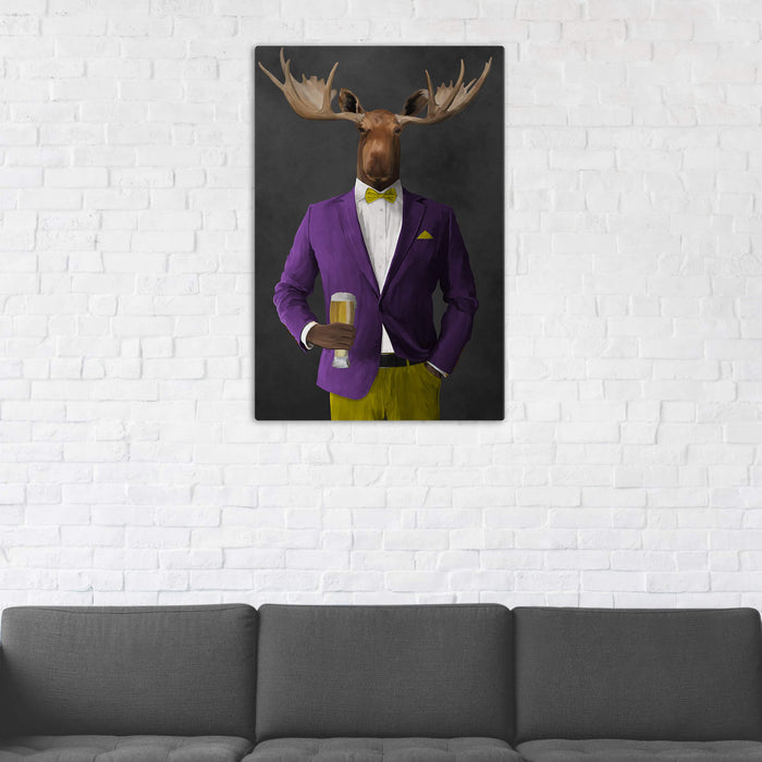 Moose Drinking Beer Wall Art - Purple and Yellow Suit
