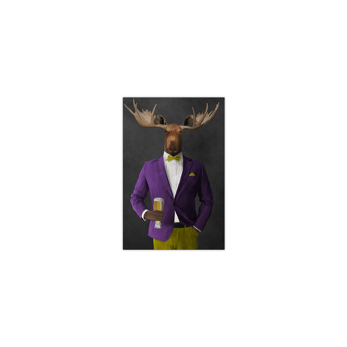Moose drinking beer wearing purple and yellow suit small wall art print