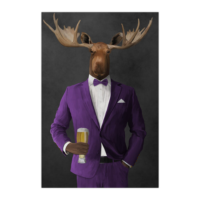 Moose drinking beer wearing purple suit large wall art print