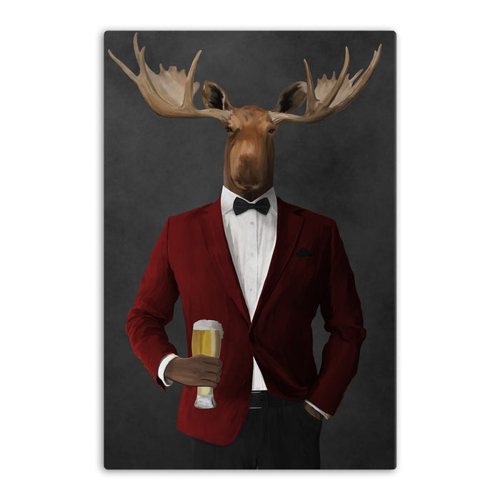Moose drinking beer wearing red and black suit canvas wall art
