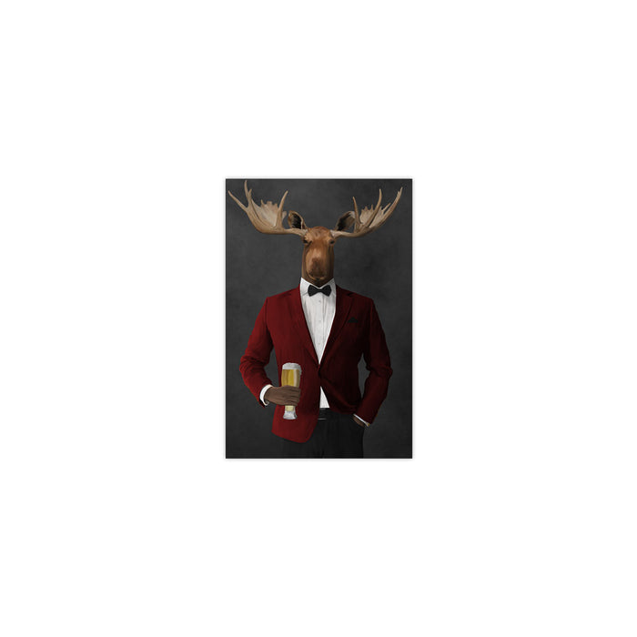 Moose drinking beer wearing red and black suit small wall art print