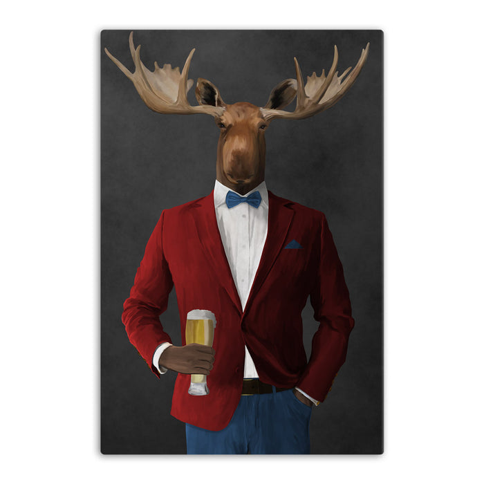 Moose drinking beer wearing red and blue suit canvas wall art
