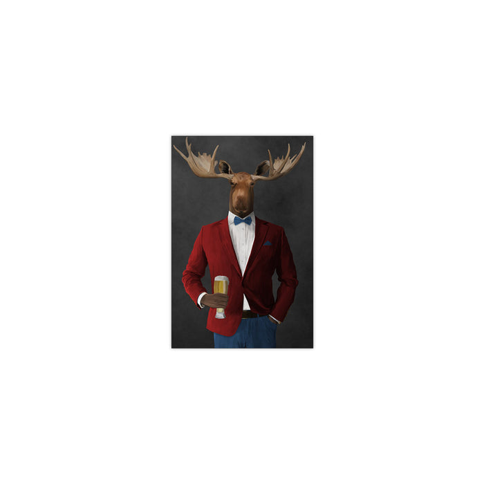 Moose drinking beer wearing red and blue suit small wall art print