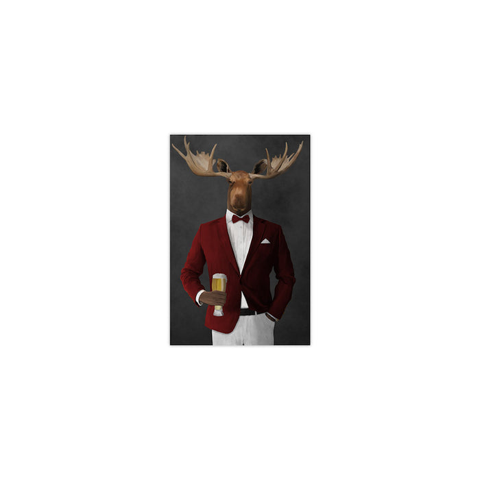 Moose drinking beer wearing red and white suit small wall art print