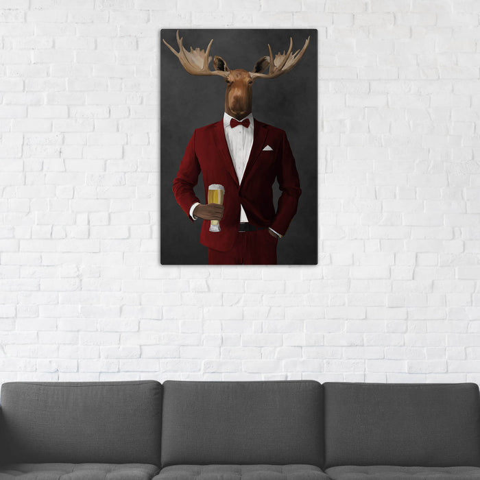 Moose Drinking Beer Wall Art - Red Suit