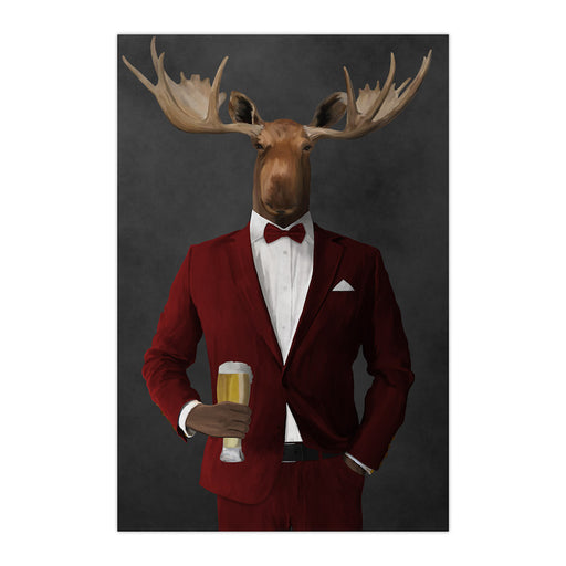 Moose drinking beer wearing red suit large wall art print