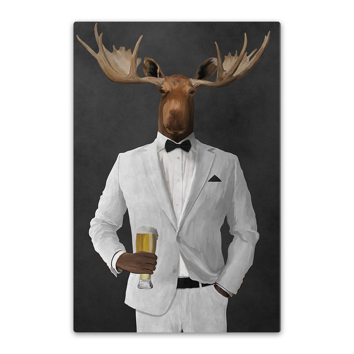 Moose drinking beer wearing white suit canvas wall art