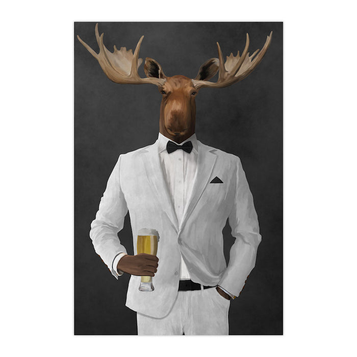 Moose drinking beer wearing white suit large wall art print