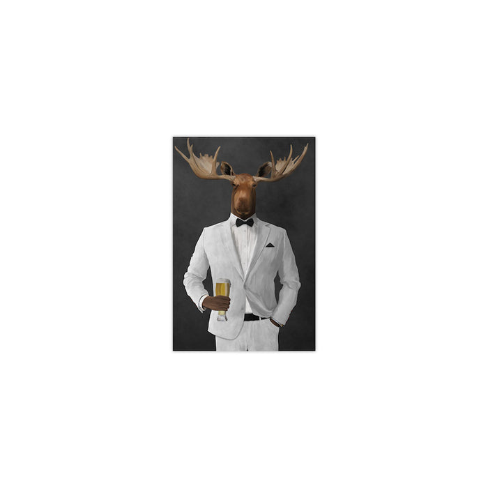 Moose drinking beer wearing white suit small wall art print