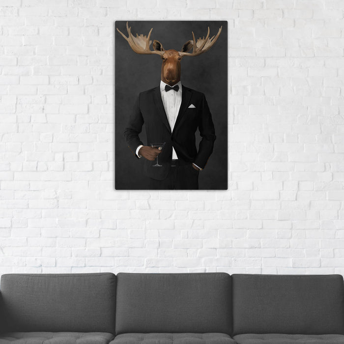 Moose Drinking Martini Wall Art - Black Suit