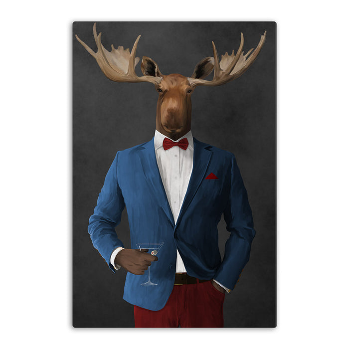 Moose drinking martini wearing blue and red suit canvas wall art