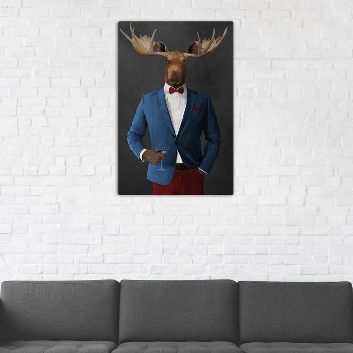 Moose Drinking Martini Wall Art - Blue and Red Suit