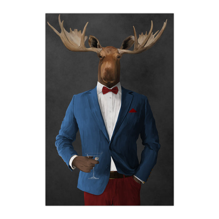 Moose drinking martini wearing blue and red suit large wall art print