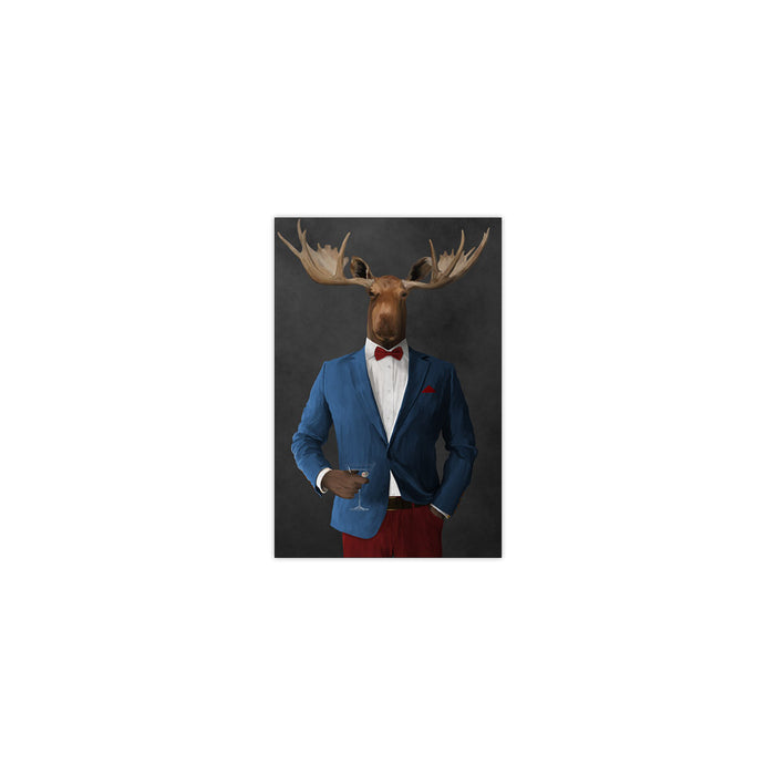 Moose drinking martini wearing blue and red suit small wall art print