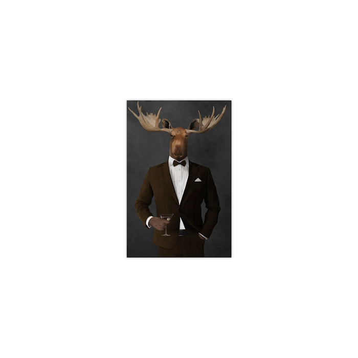 Moose drinking martini wearing brown suit small wall art print
