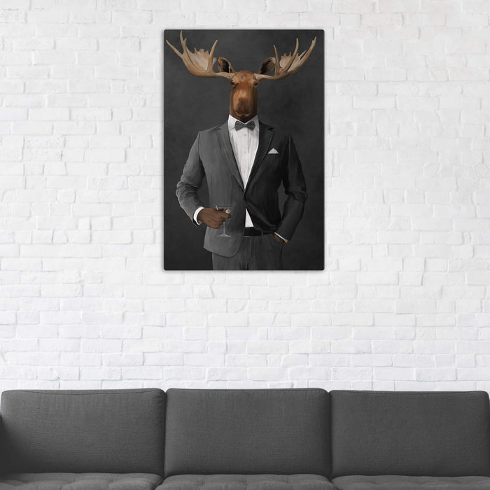 Moose Drinking Martini Wall Art - Gray Suit