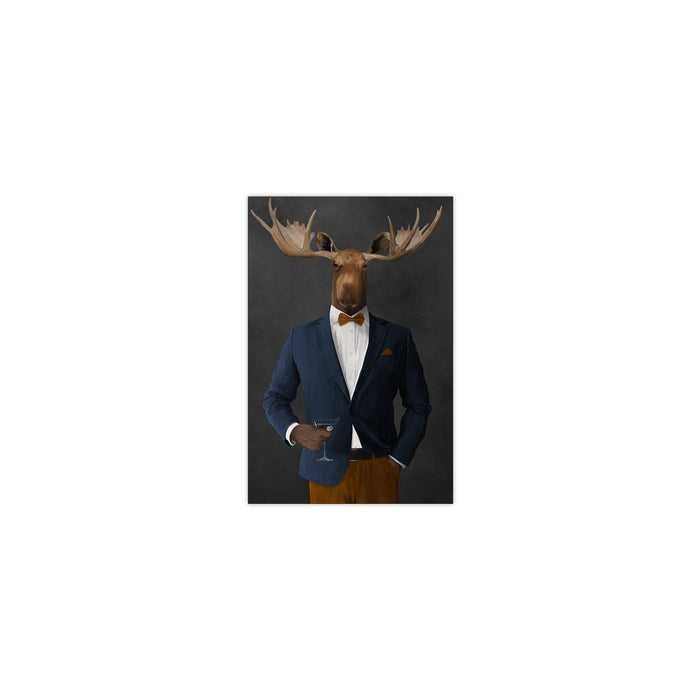 Moose drinking martini wearing navy and orange suit small wall art print