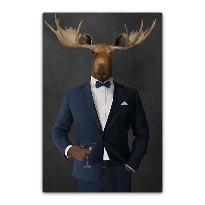 Moose drinking martini wearing navy suit canvas wall art