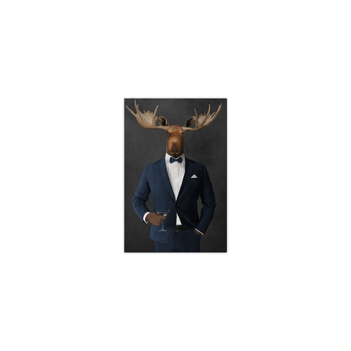 Moose drinking martini wearing navy suit small wall art print