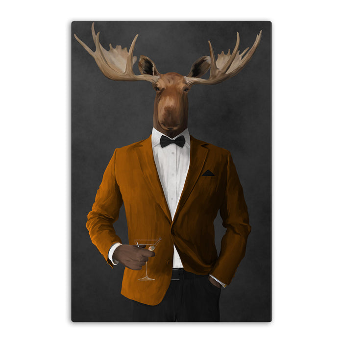 Moose drinking martini wearing orange and black suit canvas wall art