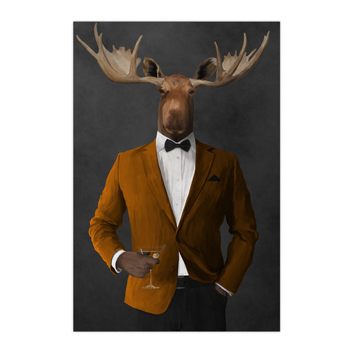 Moose drinking martini wearing orange and black suit large wall art print