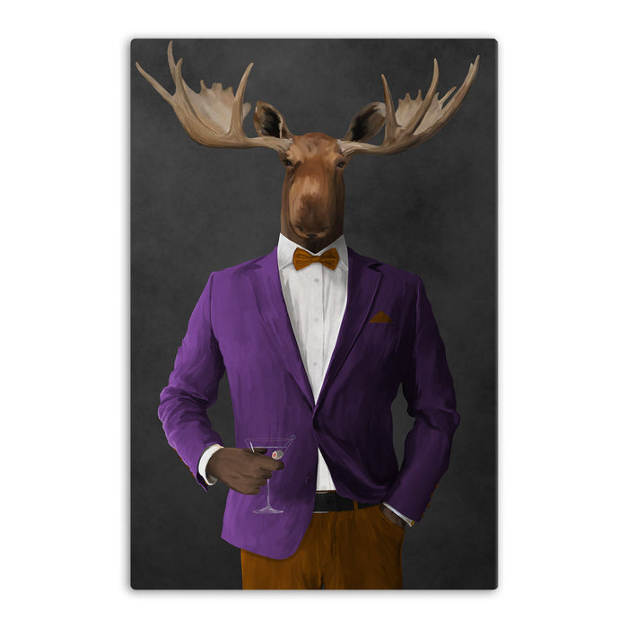 Moose drinking martini wearing purple and orange suit canvas wall art