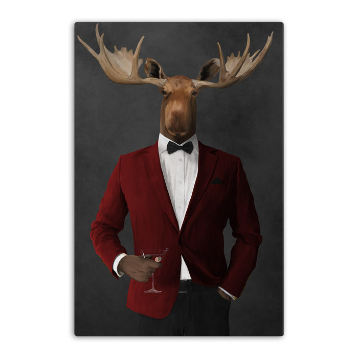 Moose drinking martini wearing red and black suit canvas wall art