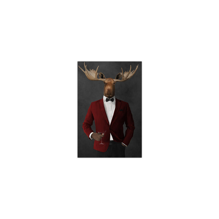 Moose drinking martini wearing red and black suit small wall art print