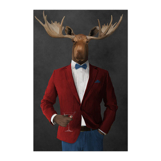 Moose drinking martini wearing red and blue suit large wall art print
