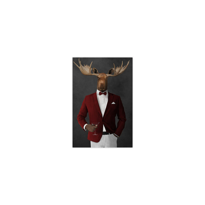 Moose drinking martini wearing red and white suit small wall art print