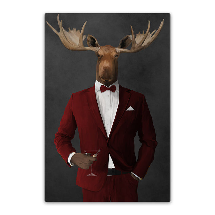 Moose drinking martini wearing red suit canvas wall art