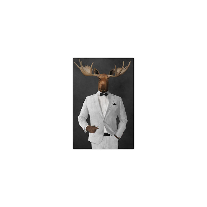 Moose drinking martini wearing white suit small wall art print