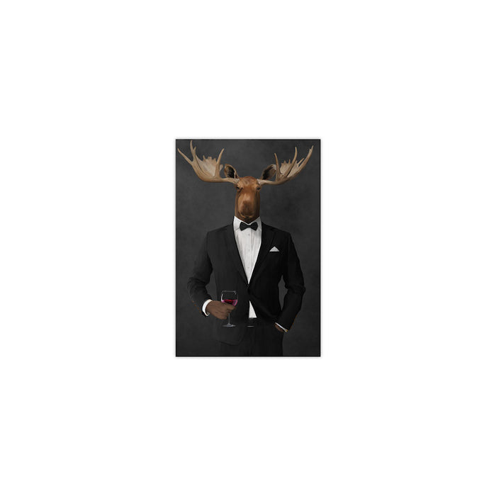 Moose drinking red wine wearing black suit small wall art print