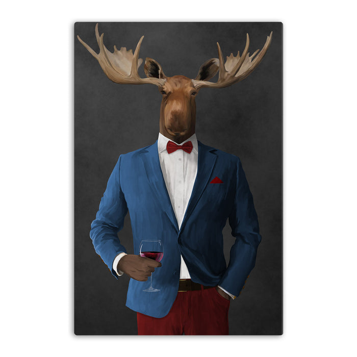 Moose drinking red wine wearing blue and red suit canvas wall art