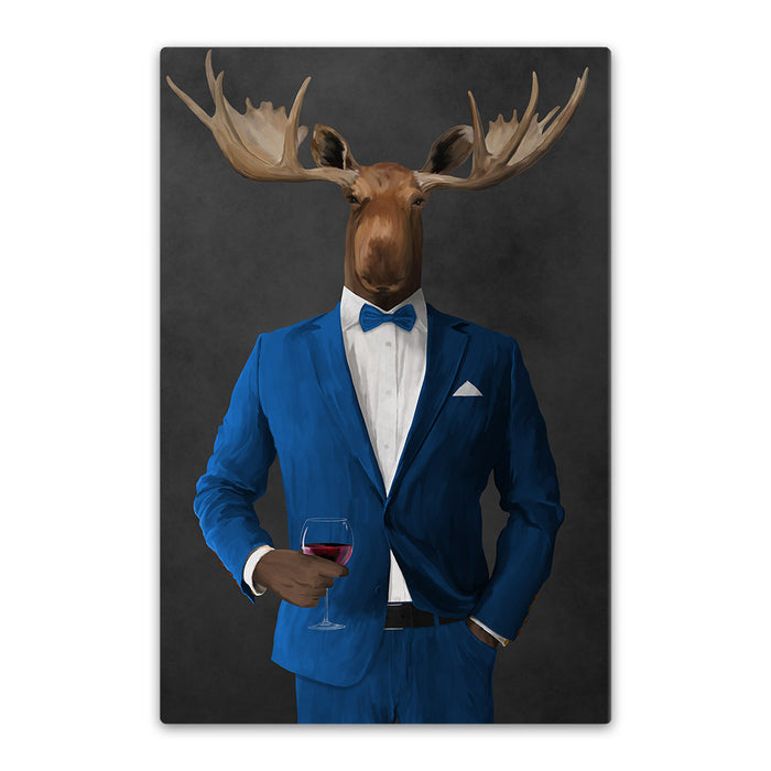 Moose drinking red wine wearing blue suit canvas wall art