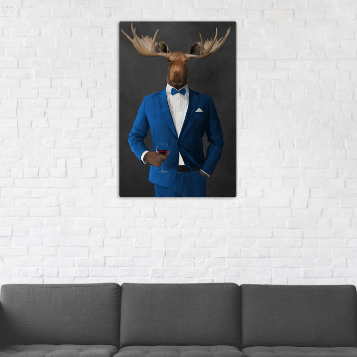 Moose Drinking Red Wine Wall Art - Blue Suit