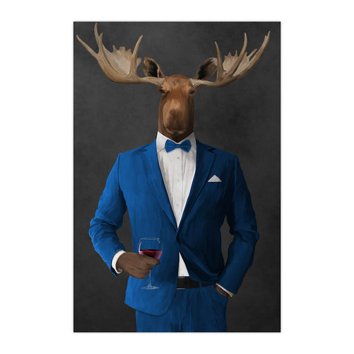 Moose drinking red wine wearing blue suit large wall art print