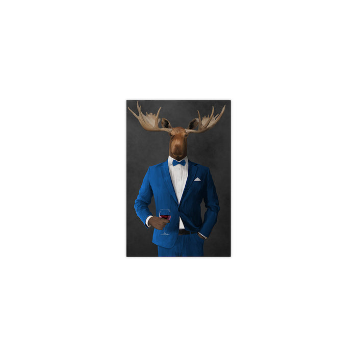 Moose drinking red wine wearing blue suit small wall art print
